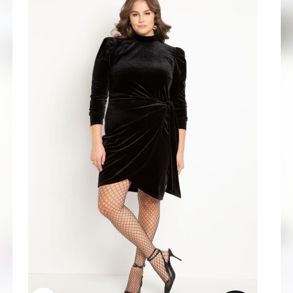 NWT Eloquii Black Velvet Dress with Wrap Skirt 16 High Neck Puff Shoulder